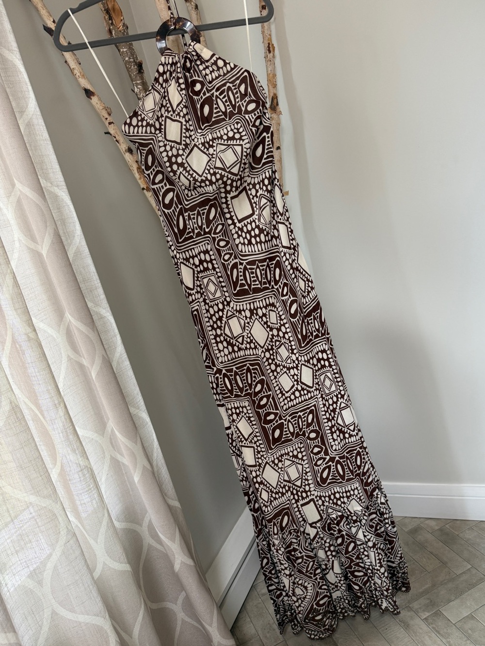 Tibi Brown & Cream Geometric Halter Maxi Dress